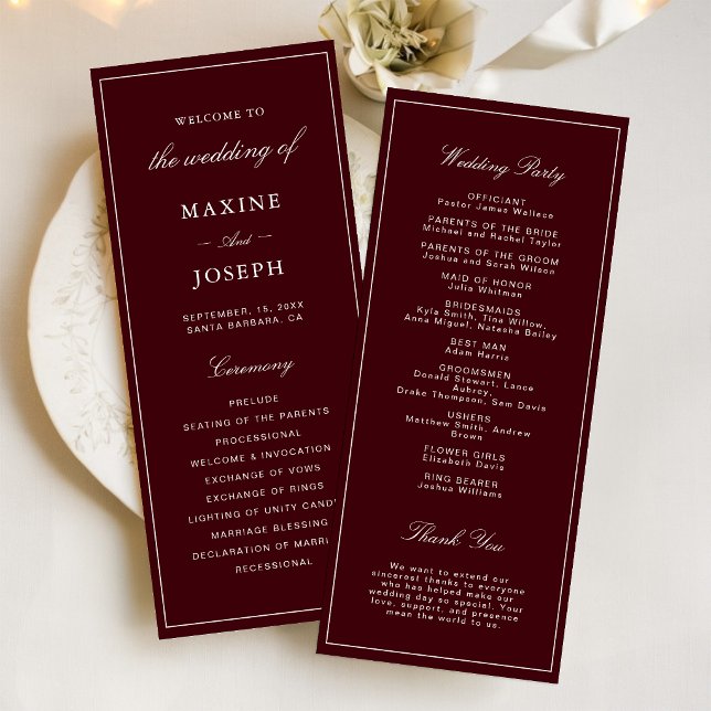 Elegante formelle burgunderrote und elfenbeinfarbe programm (Elegant burgundy and ivory wedding program shares your special day with classic elegance.)