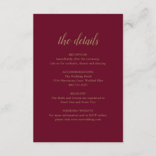 Elegante formelle Details Gold Burgundy Hochzeit Begleitkarte