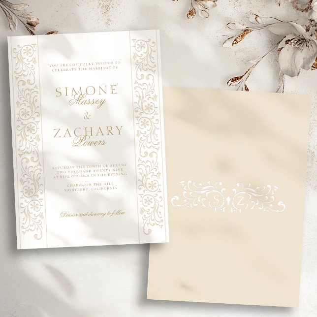 Elegante formelle Ecru-Rollenwerk-Rand-Hochzeit Einladung (Von Creator hochgeladen)