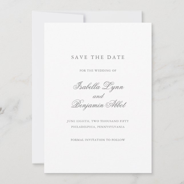 Elegante formelle, einfache, graue Hochzeit ohne F Save The Date (Vorderseite)