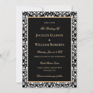 Elegante formelle Gold-Schwarz-Weiß-Damaskus-Hochz Einladung