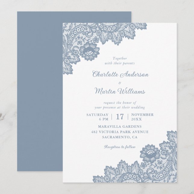 Elegante formelle Hochzeit von Blaublauer Flora Einladung (Vorne/Hinten)