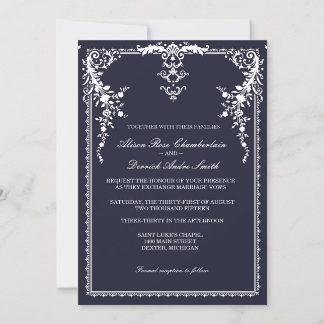 Elegante formelle Hochzeitseinladung, marineblau Einladung (Vorderseite)