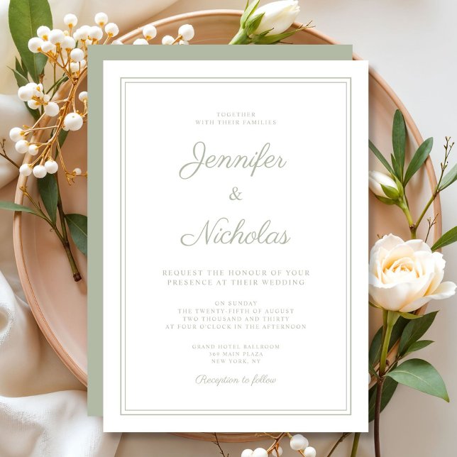 Elegante formelle Sage Green Script Hochzeit Einladung (Elegant Formal Sage Green Script Wedding Invitation)