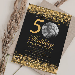Elegante Foto 50. Geburtstagsfeier Goldlichter Einladung