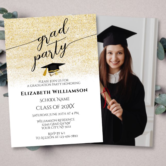 Elegante Foto Black Gold Script Graduation Party Einladung (Von Creator hochgeladen)