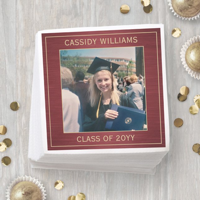 Elegante Foto Burgundy Red Gold Graduation Party Serviette (Von Creator hochgeladen)