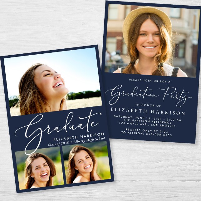 Elegante Foto Collage Blue Graduation Party Einladung (An elegant photo graduation party invitation to celebrate the graduate's achievements)