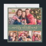 Elegante Foto Collage Green Gold Script Weihnachte Feiertagskarte<br><div class="desc">Moderne Minimalistische Elegant Sage Green und Gold "Frohe Weihnachten" Script 4 Foto Collage Holiday Card. Diese festliche, skurrile Mimimalistin, vier (4) Foto-Urlaubskarte Vorlage zeigt eine hübsche Foto-Collage und sagt "Frohe Weihnachten"! Der "Frohe Weihnachten"-Grußtext ist in einer schönen Hand geschrieben, Wirble Swash-Schwanz-Schriftart-Typ Kalligraphie oder Typografie in Salbei grün, Gold und Weiß....</div>