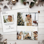 Elegante Foto Collage Holiday Golden Traumstrecke  Folien Feiertagspostkarte<br><div class="desc">Elegante Kalligrafie Minimalistische Gold Foil Script 4 Foto Collage Frohe Weihnachts-Postkarte. Dieses festliche, mimimalistische, whimsical vier (4) Foto Urlaubskarte Vorlage verfügt über eine hübsche Foto Collage und sagt "Frohe Weihnachten"! Der "Frohe Weihnachten"-Grußtext ist in einer schönen Hand geschrieben Wirble Swash-Schwanz-Schriftart-Typ in Gold auf weißem Hintergrund. Auf der Rückseite mit einem...</div>