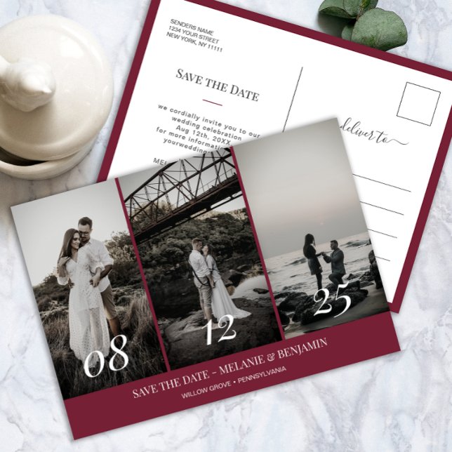 Elegante Foto Collage Rose Save the Date rosa Postkarte (Elegant Photo Collage Rose Pink Save the Date Postcard)