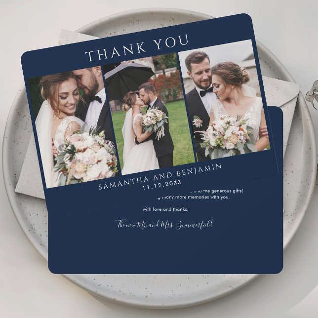 Elegante Foto Collage Wedding Dankeschön Card Mitteilungskarte (Elegant Photo Collage Wedding Thank You Card)
