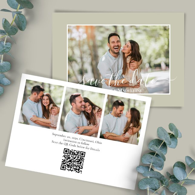 Elegante Foto Collage Wedding Save the Date Einladung (Wedding save-the-date photo card with a scannable QR code. )