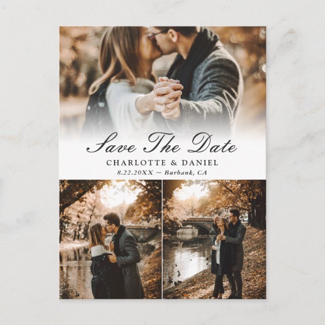 Elegante Foto Collage Wedding speichern das Datum Ankündigungspostkarte (Vorderseite)
