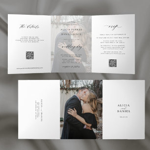 Elegante Foto einfache Hochzeit RSVP Details QR-Co Dreifach Gefaltete Einladung