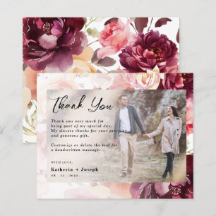 Elegante Foto Florale Bordeaux Hochzeit Danke Kart