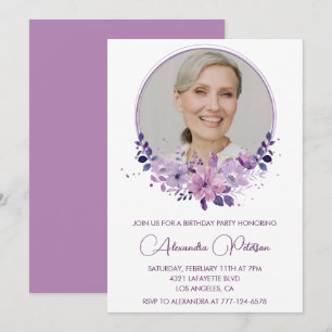 Elegante Foto-Geburtstagseinladung 71. Floral Lila Einladung