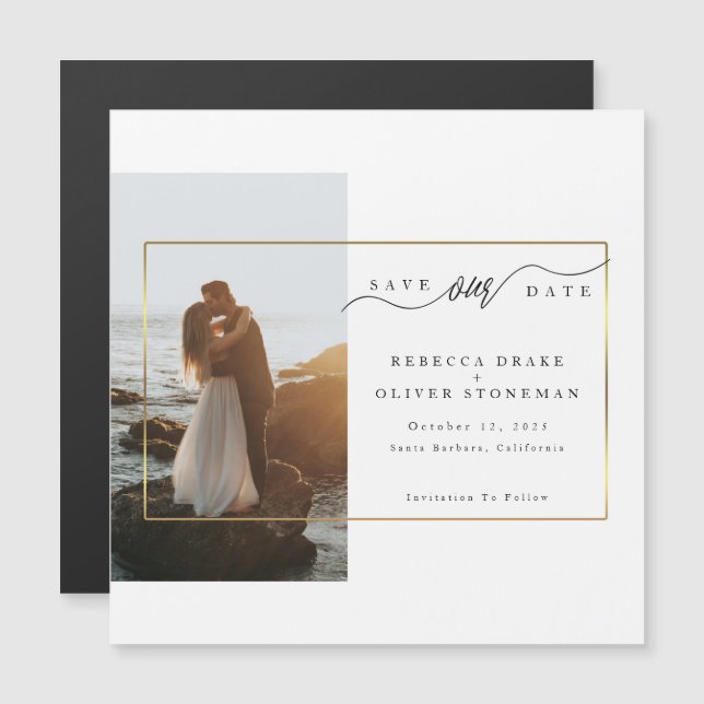 Elegante Foto Gold Frame Wedding Magnetic Card Magnetkarte (Vorne/Hinten)