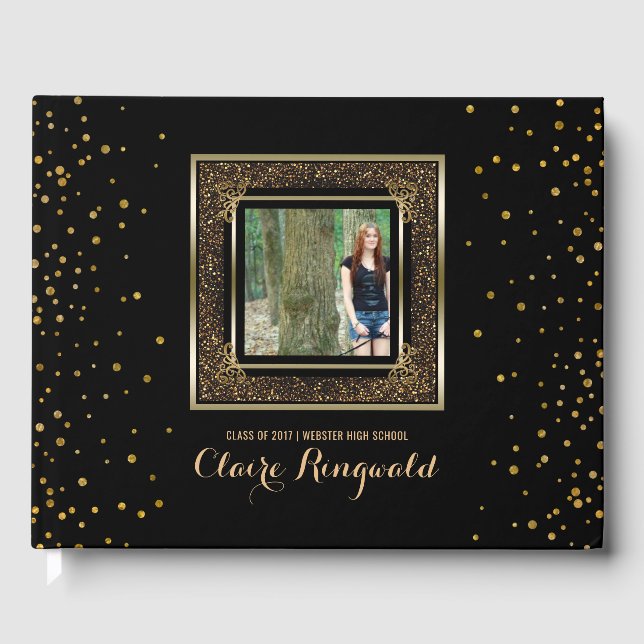 Elegante Foto Graduation Party | Glam Gold Glitzer Gästebuch (Vorderseite)