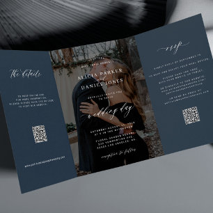 Elegante Foto-Hochzeitseinladung in Marineblau mit Dreifach Gefaltete Einladung