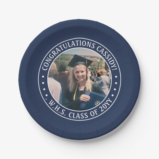 Elegante Foto Navy Blue and White Graduation Party Pappteller (Vorderseite)