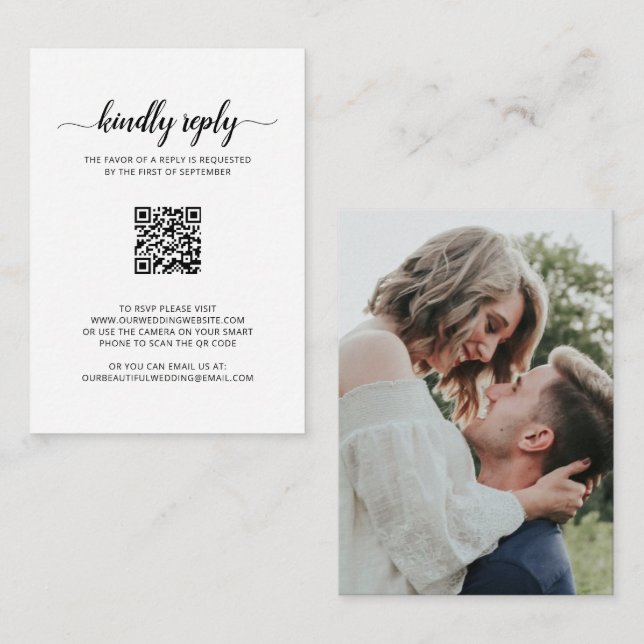 Elegante Foto QR Code Wedding Mini RSVP Karte (Vorne/Hinten)