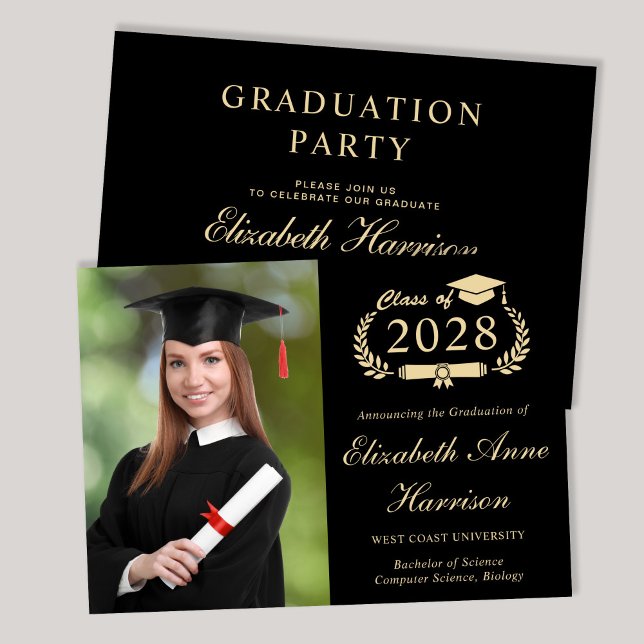 Elegante Foto Uni Black Graduation Party Einladung (An elegant college graduation party invitation to celebrate the graduate's achievements)