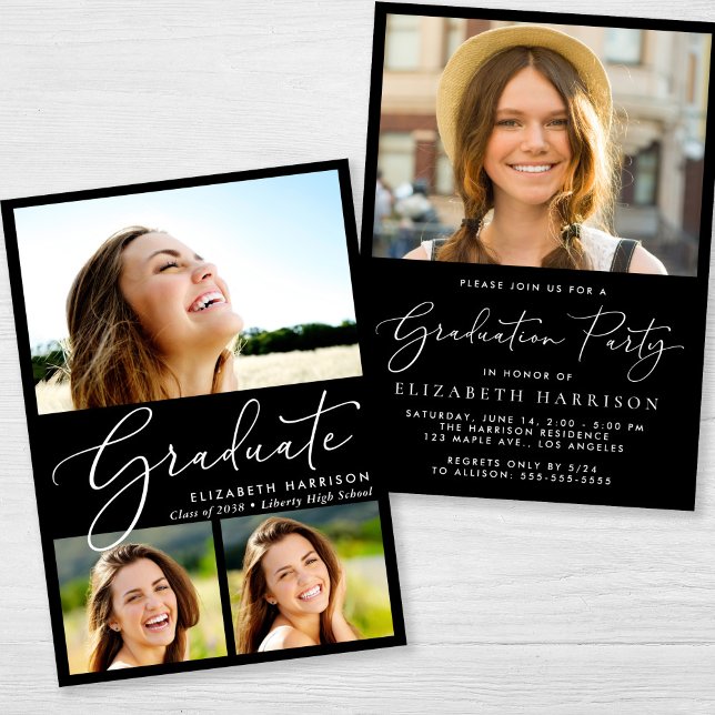 Elegante Fotocollage Black Graduation Party Einladung (An elegant photo graduation party invitation to celebrate the graduate's achievements)