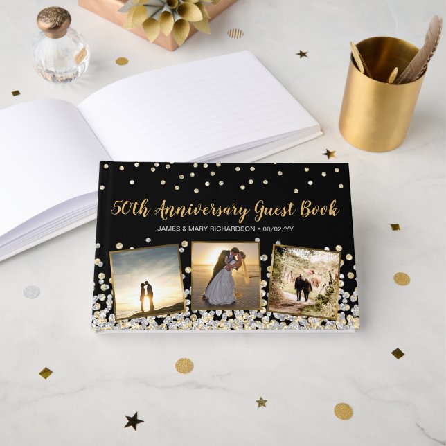 Elegante FotoCollage Silver Gold 50 Jahre Jubiläum Gästebuch (Vorderseite Offen)