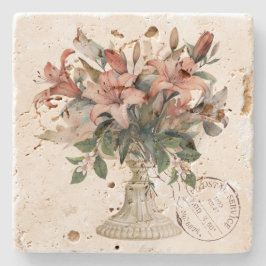Elegante französische Aquarellblumen mit Stempel Steinuntersetzer