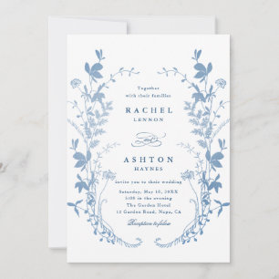 Elegante französische blaue botanische Hochzeitsei Einladung