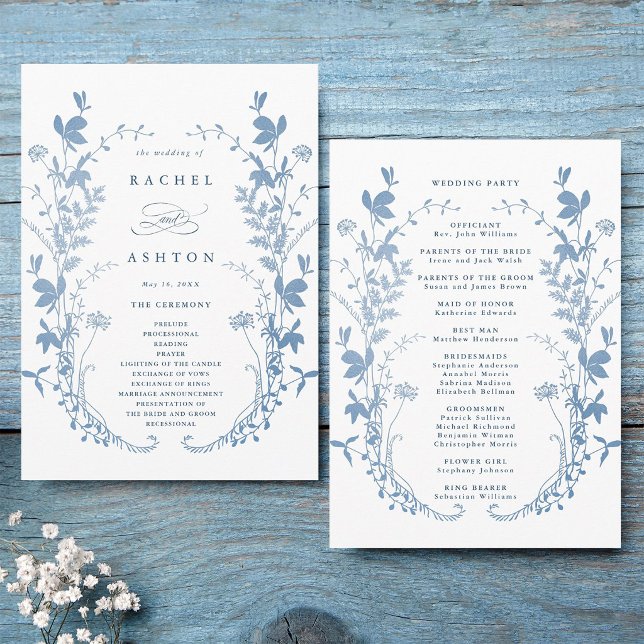 Elegante französische blaue botanische Hochzeitsze Programm (Front & Back)