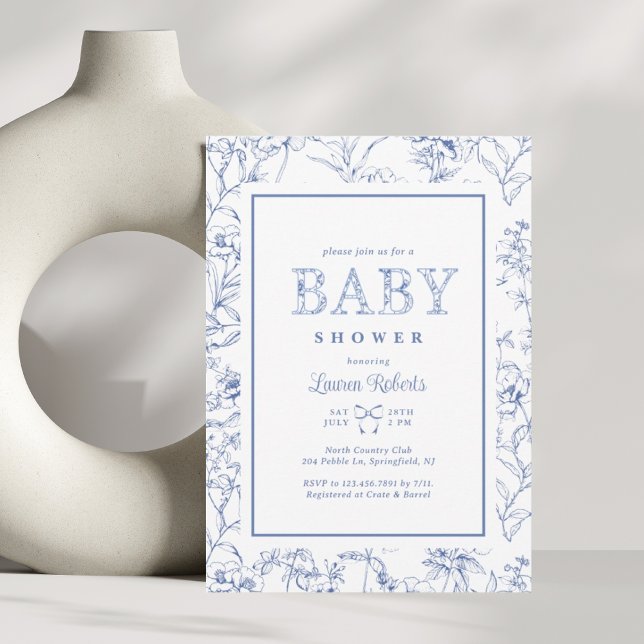Elegante französische Blue & White Floral Baby Dus Einladung (Von Creator hochgeladen)