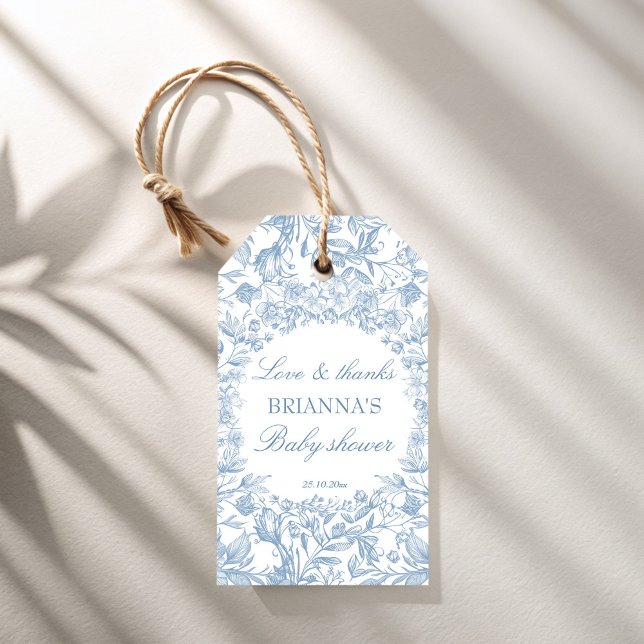 Elegante französische Dusche mit blauer Babydusche Geschenkanhänger (Elegant French toile dusty blue boy baby shower favor Gift Tags personalized favor tags botanical)
