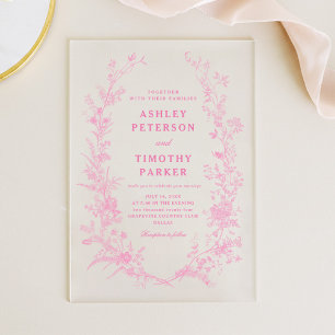 Elegante französische Hochzeit mit rosa Toile-Blum Acryleinladungen