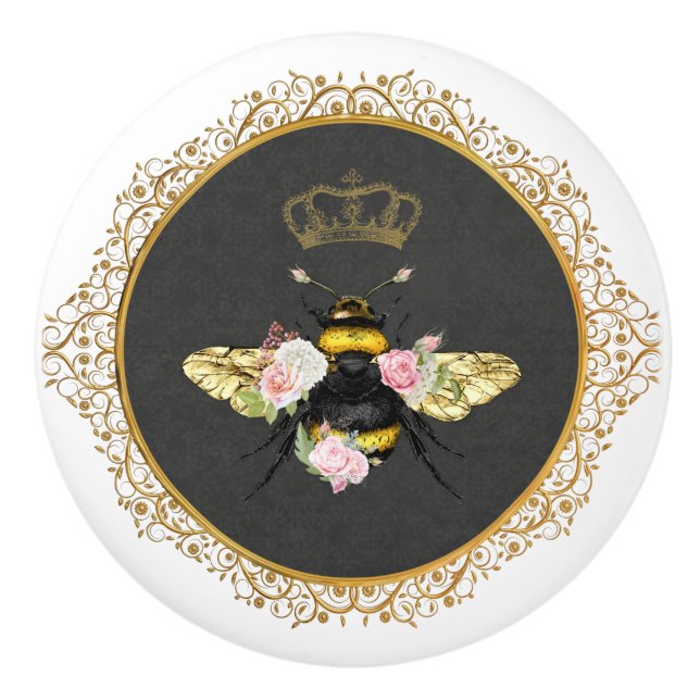 Elegante französische Königin Bee Pink Roses Gray  Keramikknauf (Vorderseite)