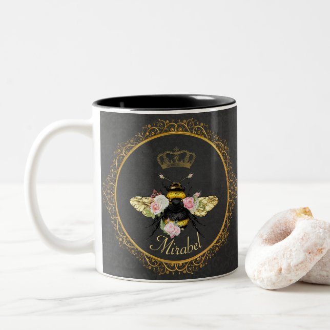 Elegante französische Königin Bee Pink Roses Gray  Zweifarbige Tasse (Mit Donut)