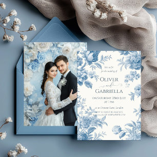 Elegante französische Toile Blaue Blumige Hochzeit Einladung