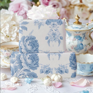 Elegante französische Toile Blaue Blumige Hochzeit Geschenkpapier
