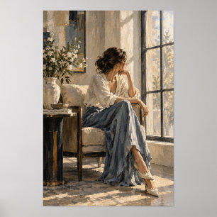 Elegante Frau am sonnendurchfluteten Fenster Roman Poster