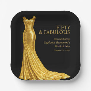 Elegante Frau Fabelhaftes Goldenes Kleid 50. Gebur Pappteller