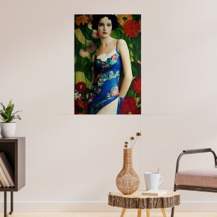 Elegante Frau im Art Deco-Stil mit großen Blumen K Poster