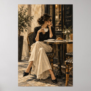 Elegante Frau im Café mit Kaffee und Croissant Wa Poster