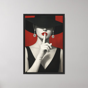 Elegante Frau in Black Hat Red Lips Leinwanddruck
