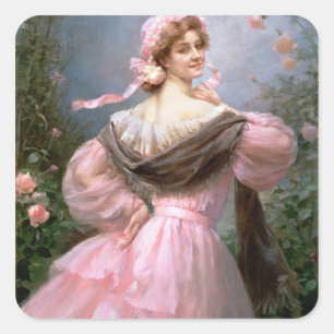 Elegante Frau in einem Rosengarten Quadratischer Aufkleber