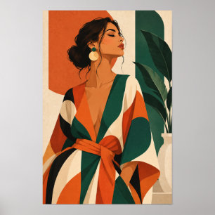 Elegante Frau in Orange und Grün Moderne Wandkunst Poster
