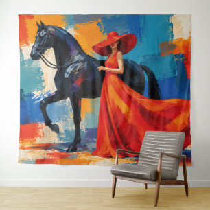 Elegante Frau in Rot mit schwarzem Pferd Wandteppich