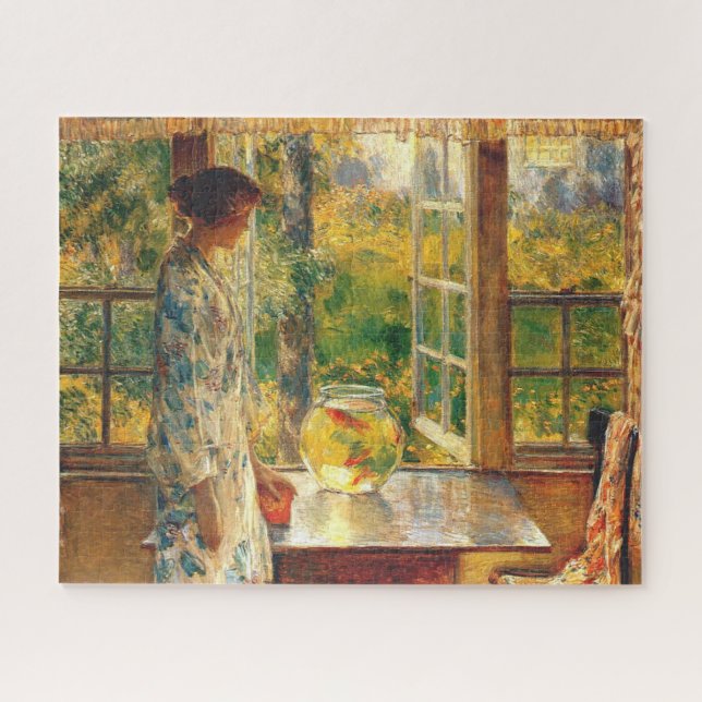 Elegante Frau mit Goldfish Bowl (Childe Hassam) (Horizontal)