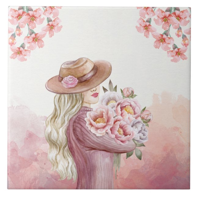 Elegante Frau mit Peonies Kunst, Dichtung und Musi Fliese (Vorderseite)