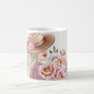Elegante Frau mit Pfingstrosen Aquarell-Kunstprint Kaffeetasse